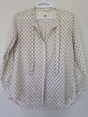 Fossil Beige and White Polka Dot Button-Down Blouse Women's Small.